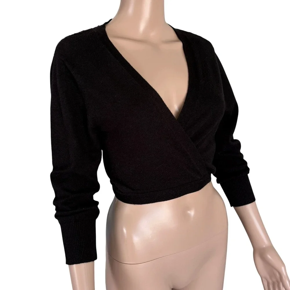 Y2K Black Wrap Cardigan Crochet Lace Floral Back Cropped Sweater Fairy Grunge